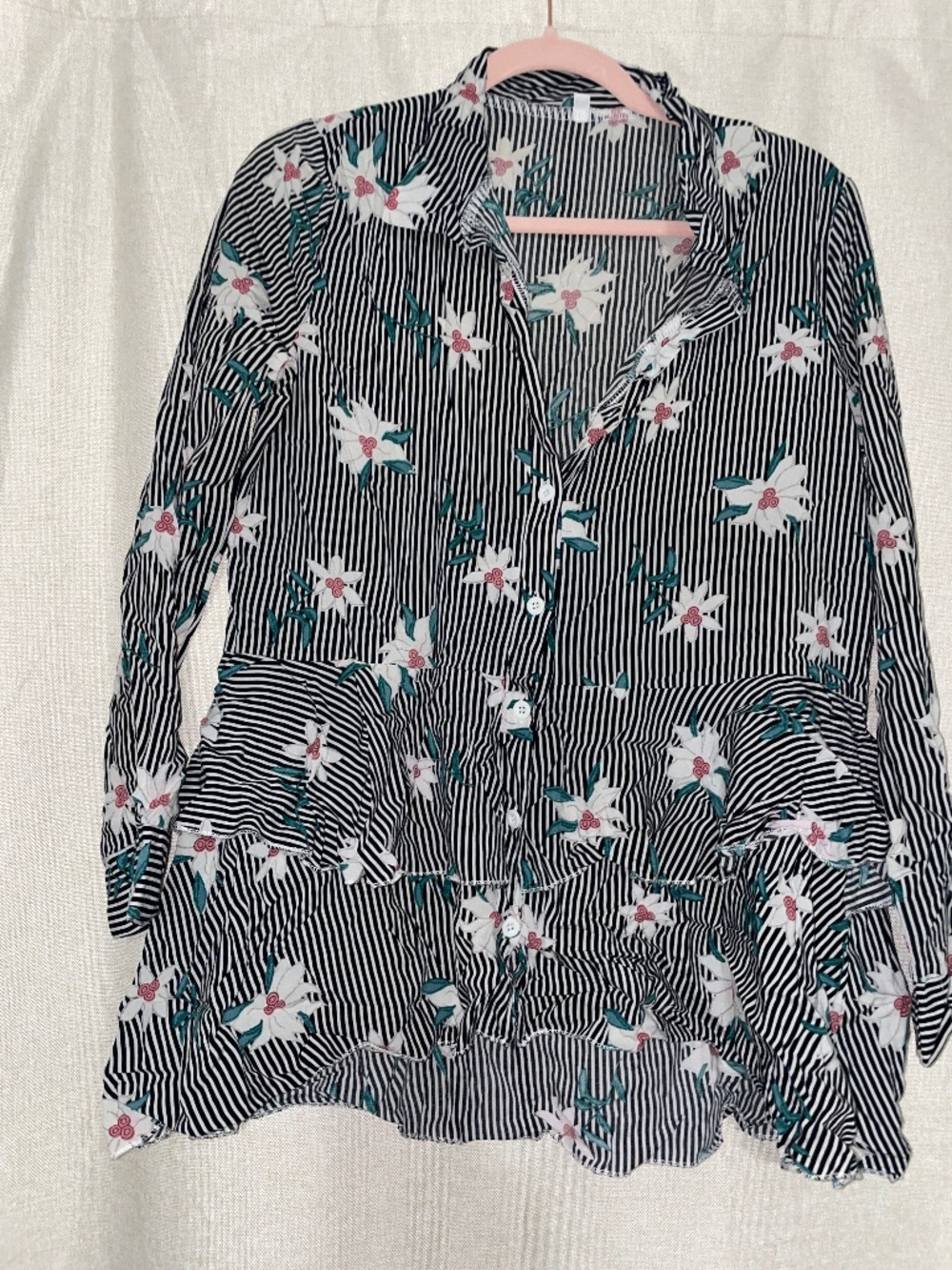 Boutique button down blouse vertical stripe with flower